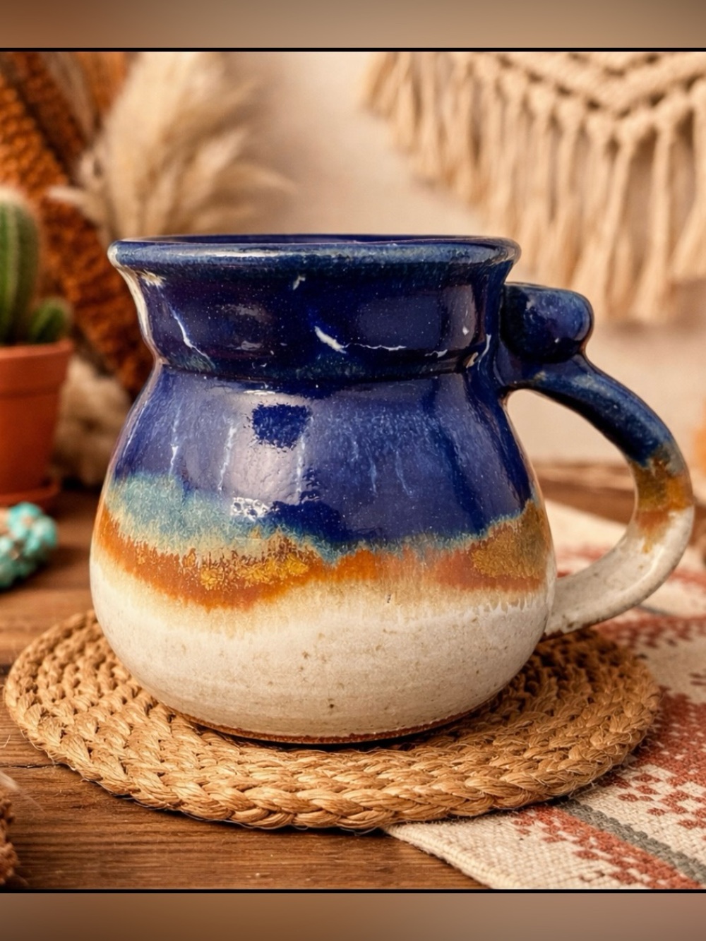 RED ROCK Sedona AZ Studio Pottery Glazed Earthy Blue, Terracotta, Cream Mug